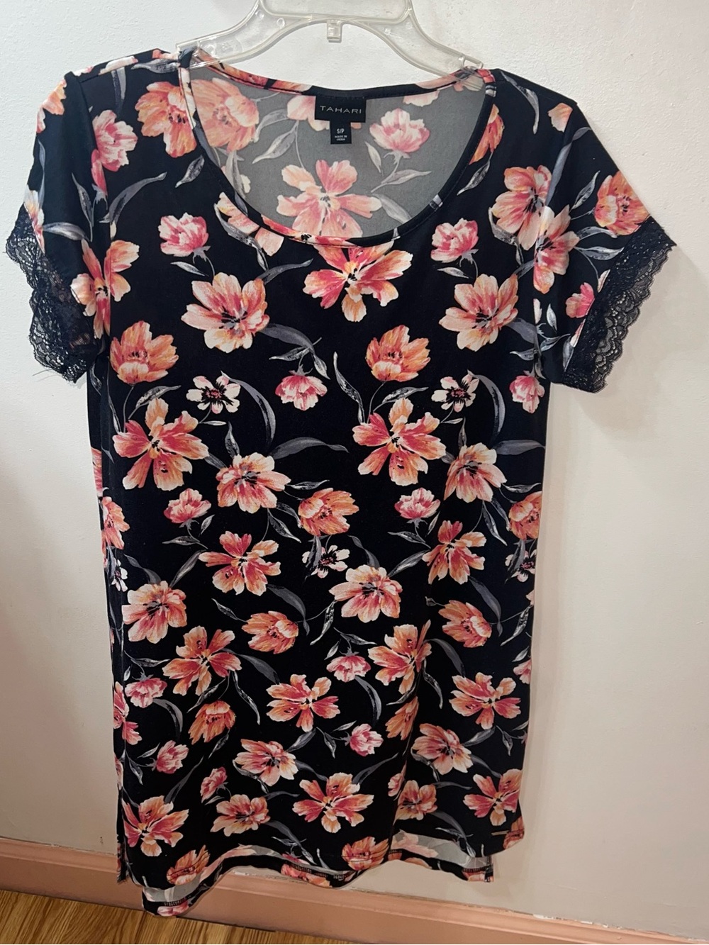 Tahari Black Floral Lace-Trim Night Tunic - Pink Peach Flowers